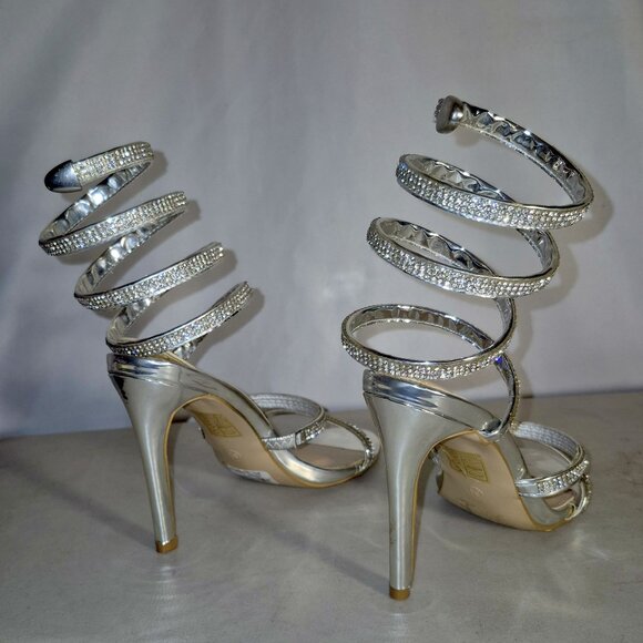 Lov Mark Spiral leg wrap 4" heels, silver and rhinestone in size 6.5 - Picture 5 of 16